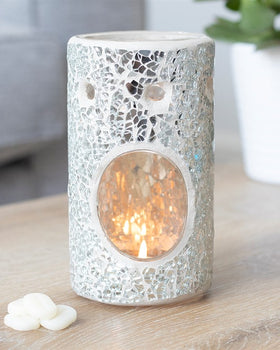 Pillar Crackle Glass Wax Burner Silver
