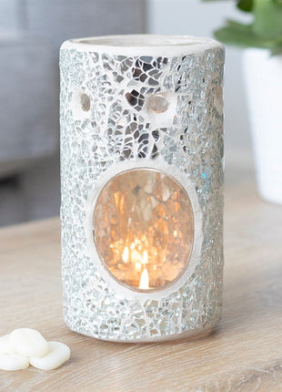 Pillar Crackle Glass Wax Burner Silver