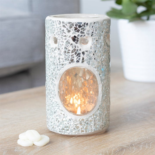 Pillar Crackle Glass Wax Burner Silver