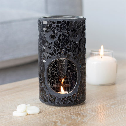 Pillar Crackle Glass Wax Burner Black