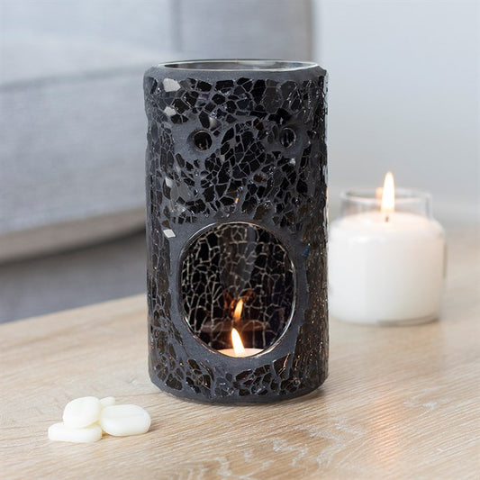 Pillar Crackle Glass Wax Burner Black